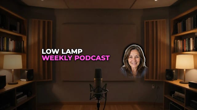 A YouTube banner for a podcast called Low Lamp, with the line Weekly podcast and a woman’s face cut out, over a cozy studio with warm lamps and bookshelves