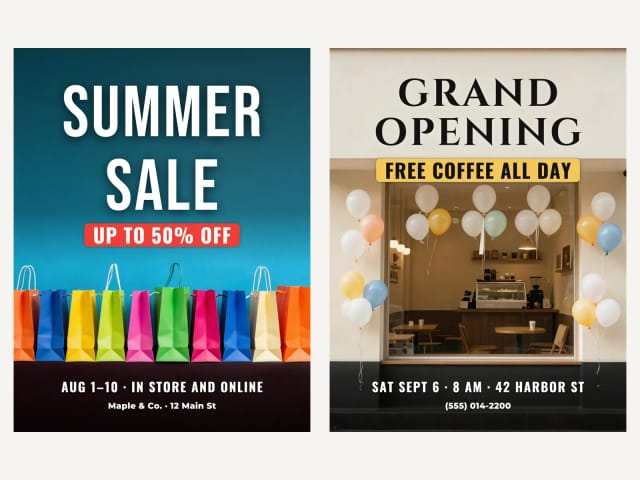 AI sale and grand opening flyers with the offer on a colored band