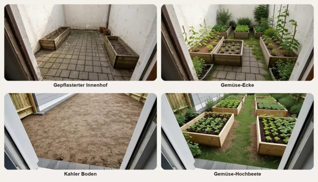 Ein gepflasterter Innenhof vorher und nachher als kleiner Gemüsegarten, und ein kahler Garten vorher und nachher mit Gemüse-Hochbeeten