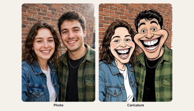 A photo of a smiling couple and the same couple as a classic caricature, ready for a card