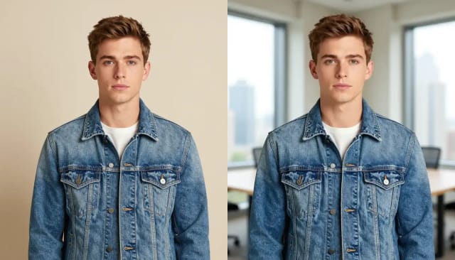 Dasselbe Foto eines jungen Mannes vor und nach dem Ändern des Hintergrunds zu einem hellen Büro