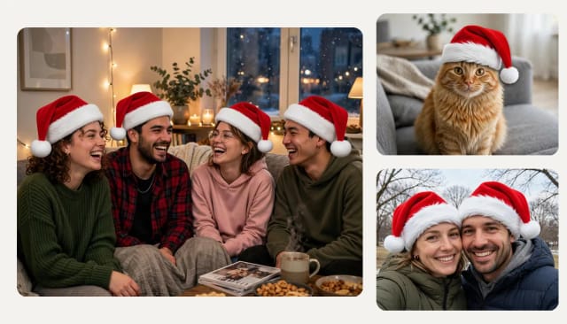 Four friends on a sofa, a cat and a couple, each wearing a red Santa hat added with AI