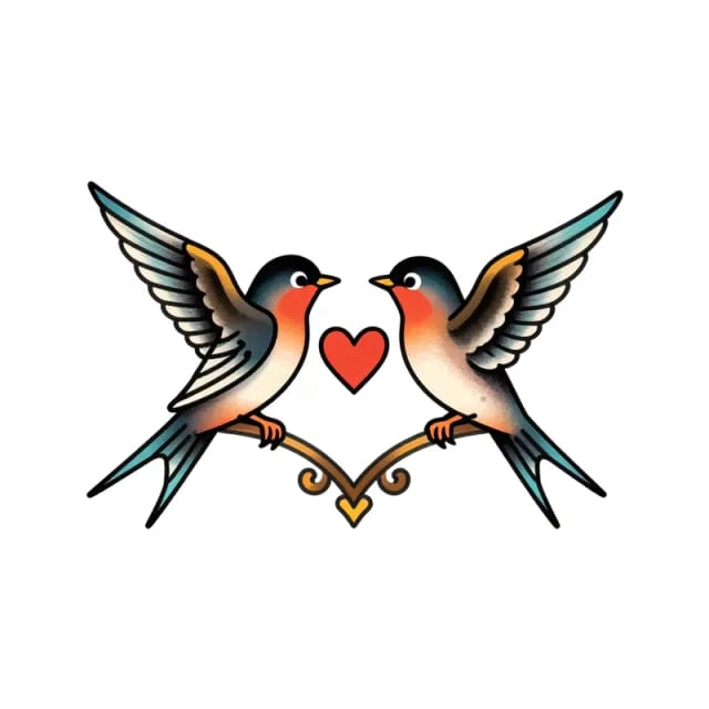 Neo traditional tattoo design of two swallows facing each other with a red heart between them
