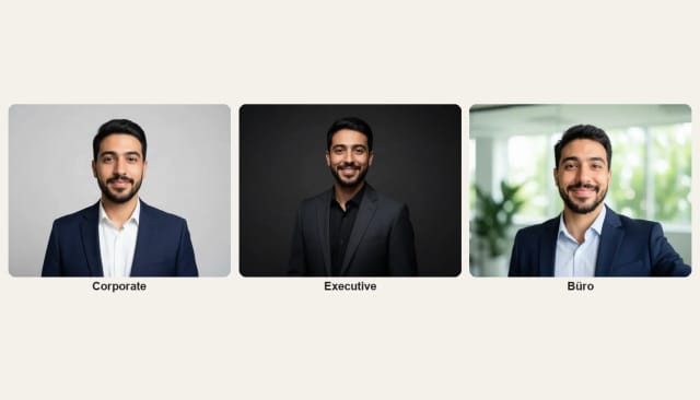 Derselbe Mann als Bewerbungsfoto in den Looks Corporate, Executive und Büro