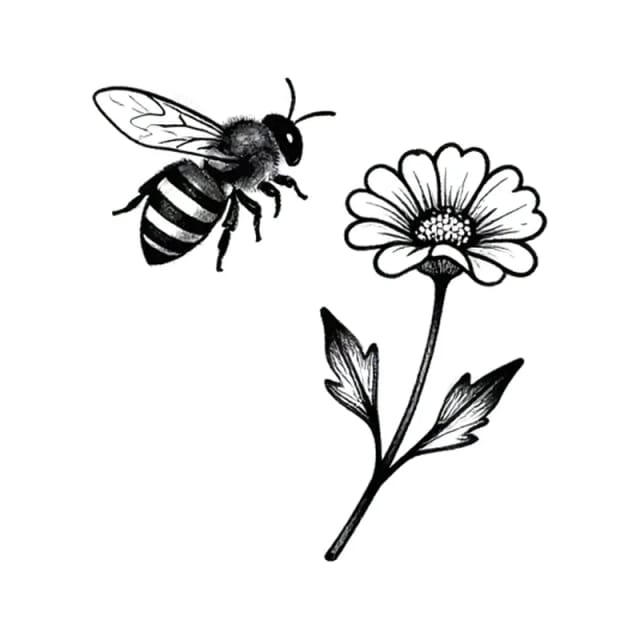 Fine line couple tattoo designs of a honey bee and a wildflower
