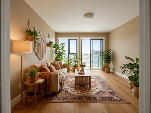 Derselbe Raum im Boho-Stil, mit Rattan, Pflanzen und warmen Erdtönen