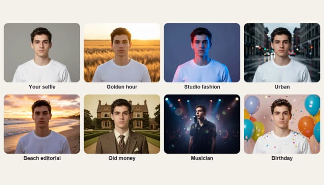 A selfie and the same young man in seven photoshoot styles: Golden hour, Studio fashion, Urban, Beach editorial, Old money, Musician and Birthday