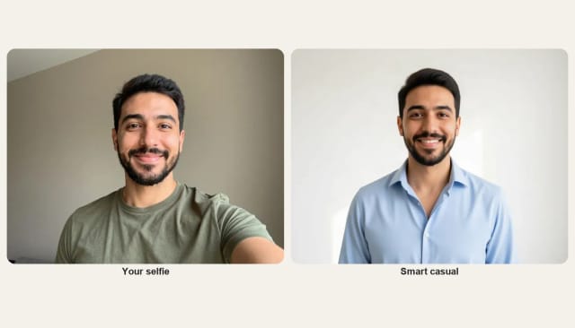 A selfie and the same man in a light blue shirt, a smart casual headshot for LinkedIn