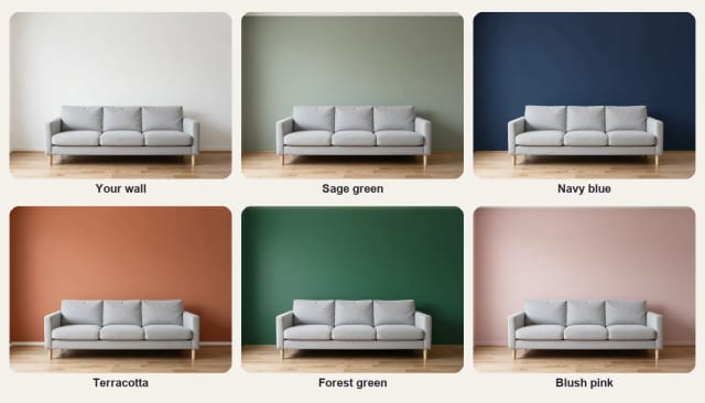 The same wall in its original white and painted sage green, navy blue, terracotta, forest green and blush pink