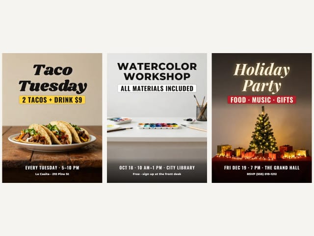 AI restaurant, workshop and holiday party flyers