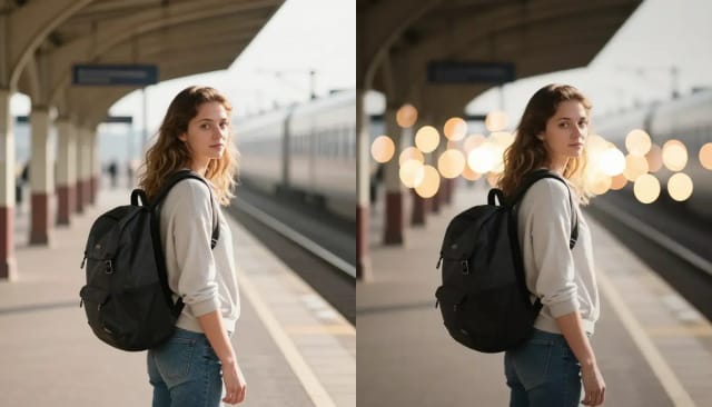 Eine junge Frau auf einem Bahnsteig mit scharfem Hintergrund, und dasselbe Foto mit Kino-Bokeh
