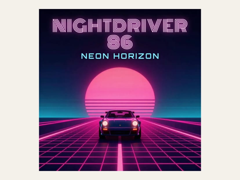 The same artwork as an album cover with the artist name and title set in neon type