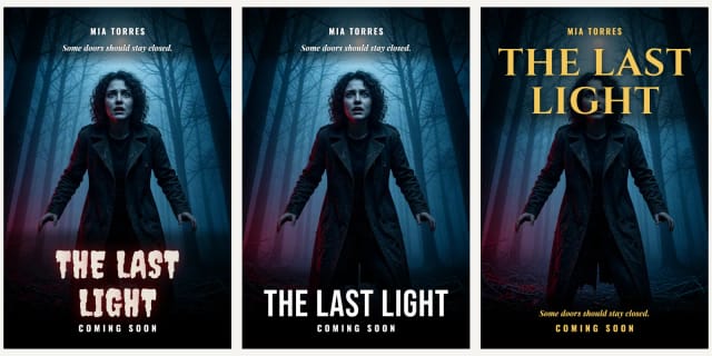 The same horror movie poster with three text treatments: dripping horror letters, a tall condensed title and a gold serif title at the top