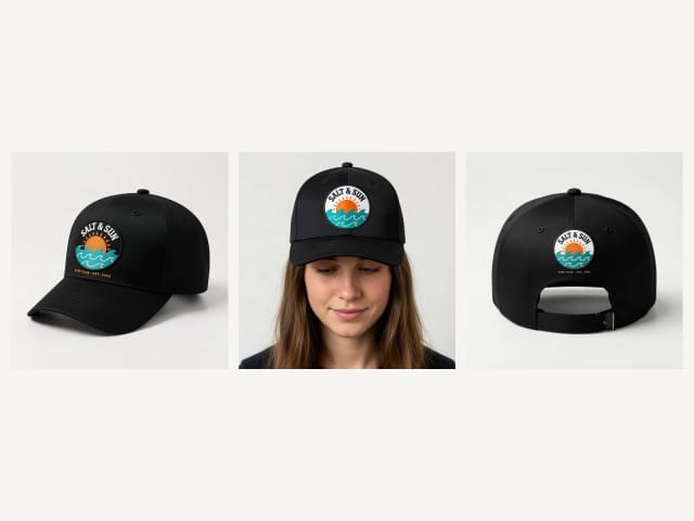 The same cap from the front, on a model and from the back