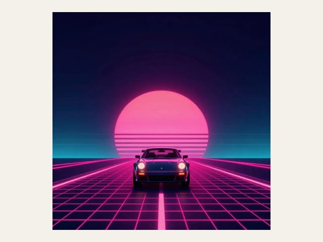 KI-Artwork eines Sportwagens, der auf einen Neon-Sonnenuntergang zufährt, ohne Text
