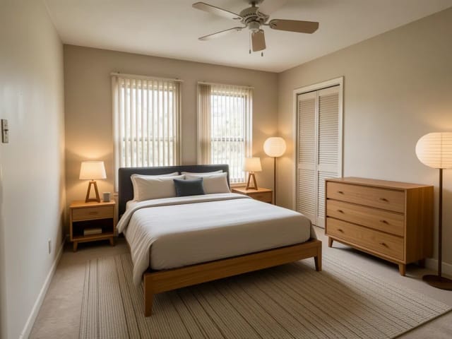 Ein altes Elternschlafzimmer, neu gestaltet im Japandi-Stil, mit niedrigem Holzbett und Papierlampen