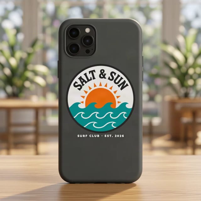 Phone case mockup with the sample design printed on the back of a black matte case