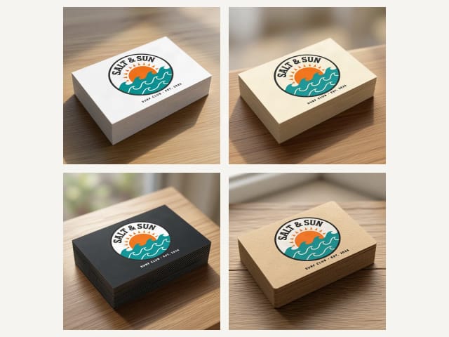 The same business card on white, cream, black and kraft paper