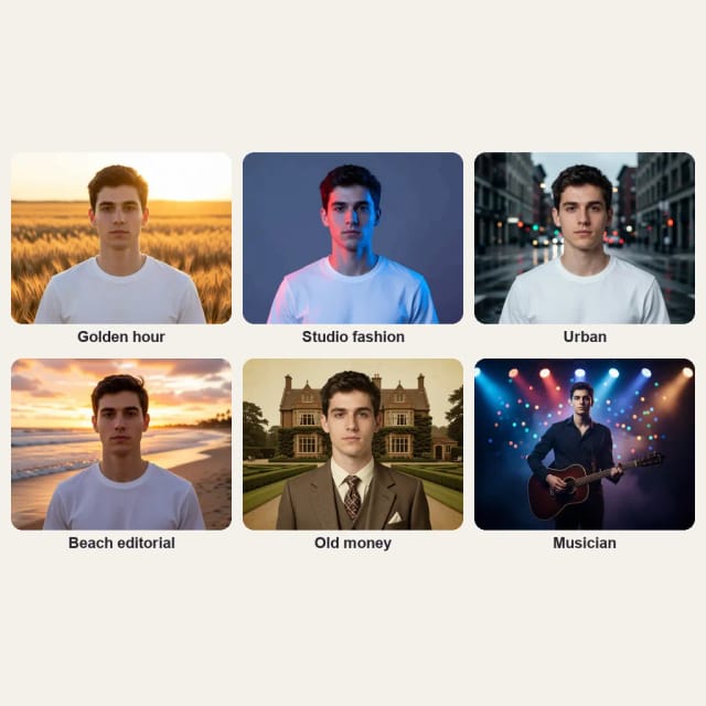 The same young man in six photoshoot styles: Golden hour, Studio fashion, Urban, Beach editorial, Old money and Musician