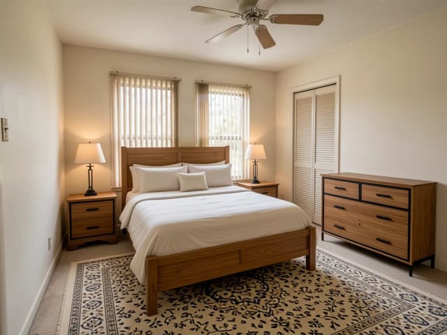 Ein altes Elternschlafzimmer, neu gestaltet im modernen Landhausstil, mit Holzbett und Leinenbettwäsche