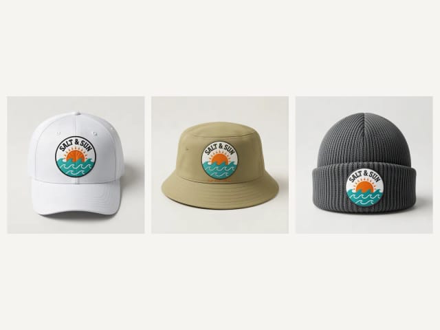 The same logo on a baseball cap, a bucket hat and a beanie