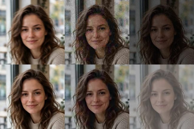 A blurry, a grainy and a dark photo next to the same photos after enhancing