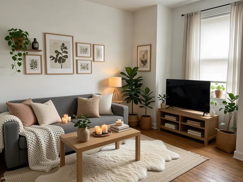 The same living room decorated in cozy hygge style, with the same sofa and table