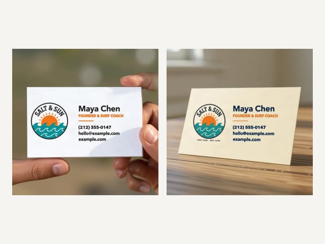 Business card mockup held in a hand, with the name and contact details sharp
