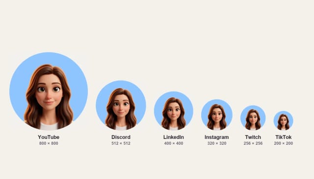 Dasselbe 3D-Profilbild in den Größen für YouTube, Discord, LinkedIn, Instagram, Twitch und TikTok
