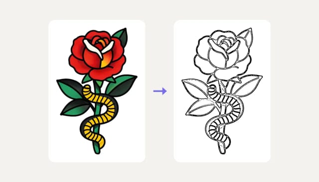 A Japanese style rose tattoo design next to its black line stencil