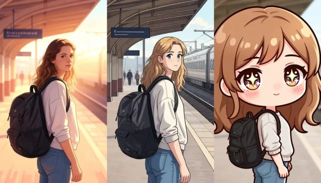 The same photo in the soft film, 90s retro and chibi anime styles