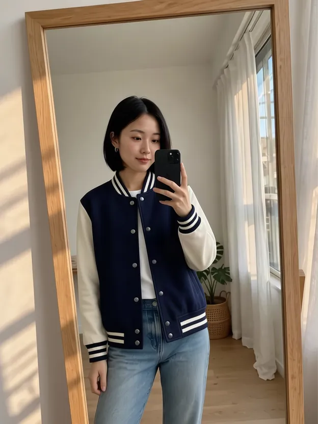 The same woman wearing a varsity jacket, tried on with AI