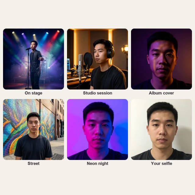 The same young man in five musician styles: On stage, Studio session, Album cover, Street and Neon night