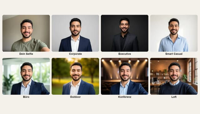 Ein Selfie und derselbe Mann in sieben Looks: Corporate, Executive, Smart Casual, Büro, Outdoor, Konferenz und Loft