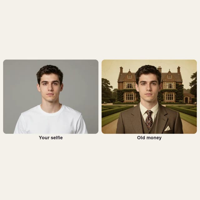 A selfie of a young man and the same man in an old money photo with a tweed blazer