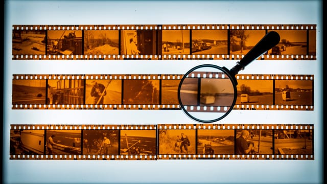 A grid of film frames on a light table