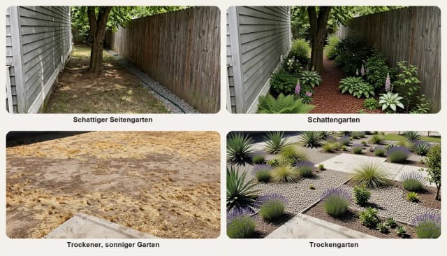 Ein schattiger Garten als Schattengarten bepflanzt, und ein trockener, sonniger Garten mit trockenheitsverträglichen Pflanzen