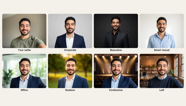 A selfie and the same man in seven headshot looks: Corporate, Executive, Smart casual, Office, Outdoor, Conference and Loft