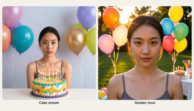A young woman behind a birthday cake with candles and the same woman at golden hour with balloons