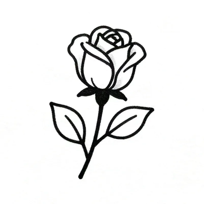 Fine line tattoo design of a tiny rosebud with one leaf