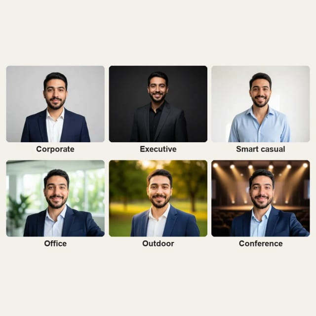 The same man in six headshot looks: Corporate, Executive, Smart casual, Office, Outdoor and Conference