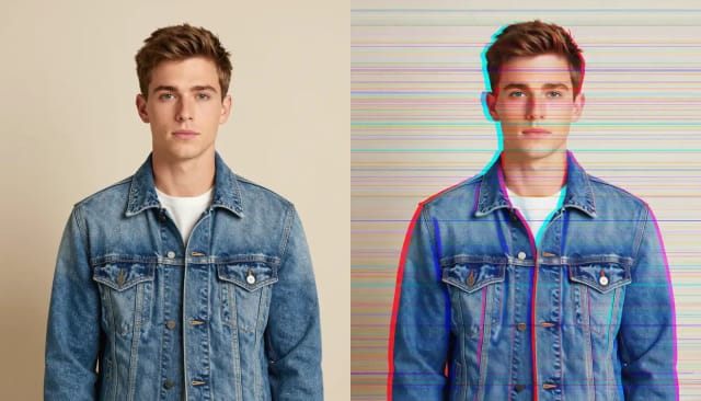 A young man in a denim jacket, and the same photo with an RGB split glitch