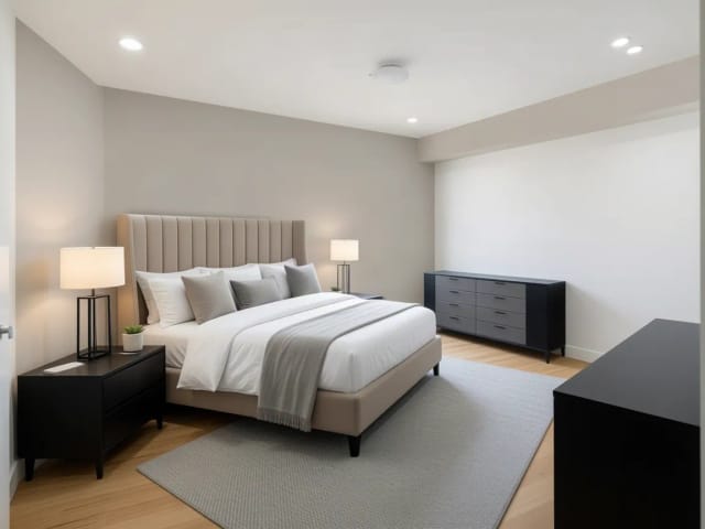 Ein leeres Schlafzimmer, neu gestaltet mit einem hohen, gesteppten Kopfteil in Beige