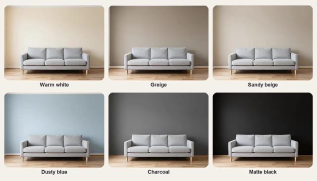The same wall in warm white, greige, sandy beige, dusty blue, charcoal and matte black