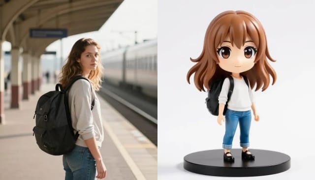 A young woman on a train platform and the same woman as an anime collectible figure on a display base