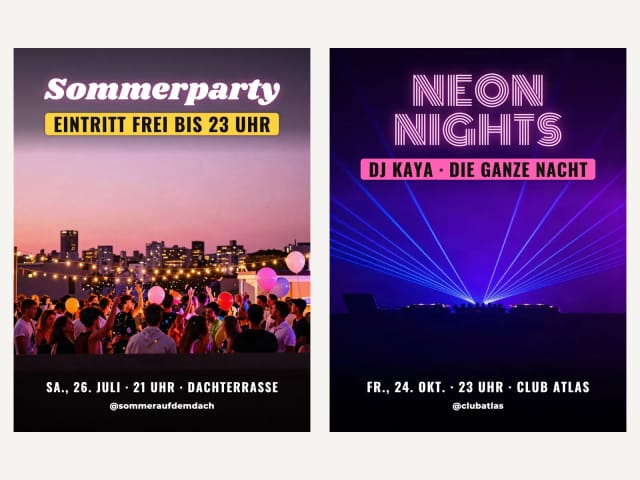 Party-Flyer und Clubnacht-Flyer mit großer Überschrift, Angebotsband und Datum