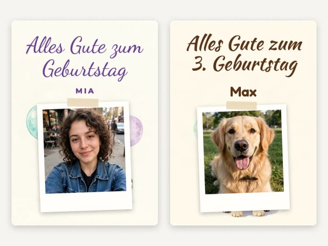 Zwei Geburtstagskarten mit Foto im Rahmen: eine mit einer jungen Frau, eine mit einem Golden Retriever