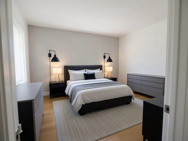 Ein leeres Schlafzimmer, neu gestaltet mit einer schwarzen, schwenkbaren Wandleuchte auf jeder Seite des Betts