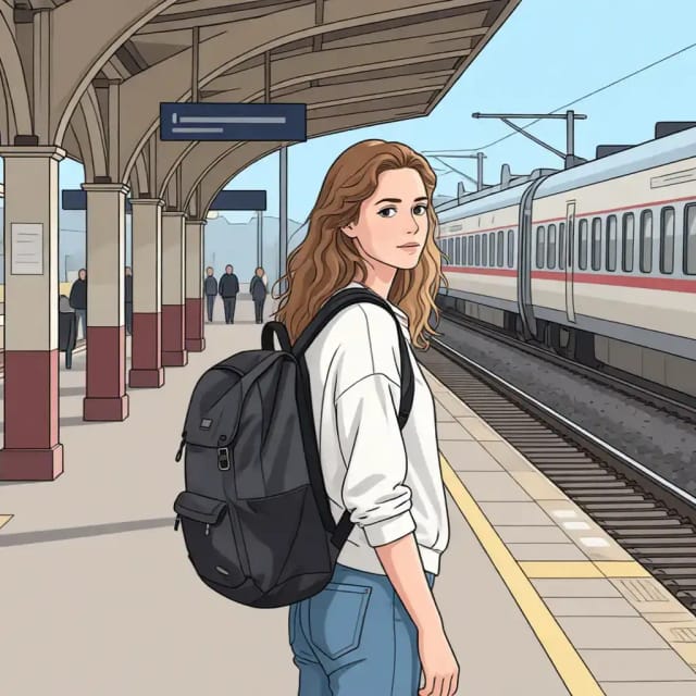 The sample photo of a young woman on a train platform in the webtoon anime style