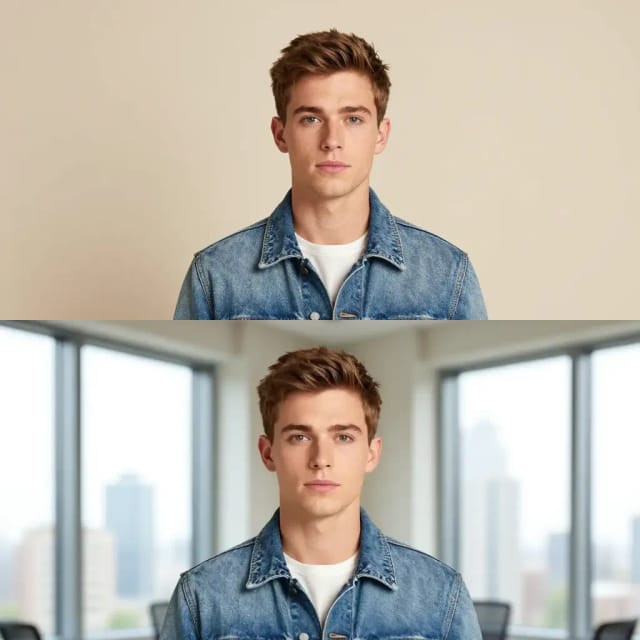 Dasselbe Foto vor und nach dem Ändern des Hintergrunds zu einem Büro mit KI